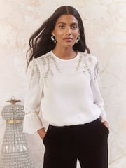 Love & Roses Ivory White Embellished Crew Neck Flute Sleeve Blouse - Image 2 of 4