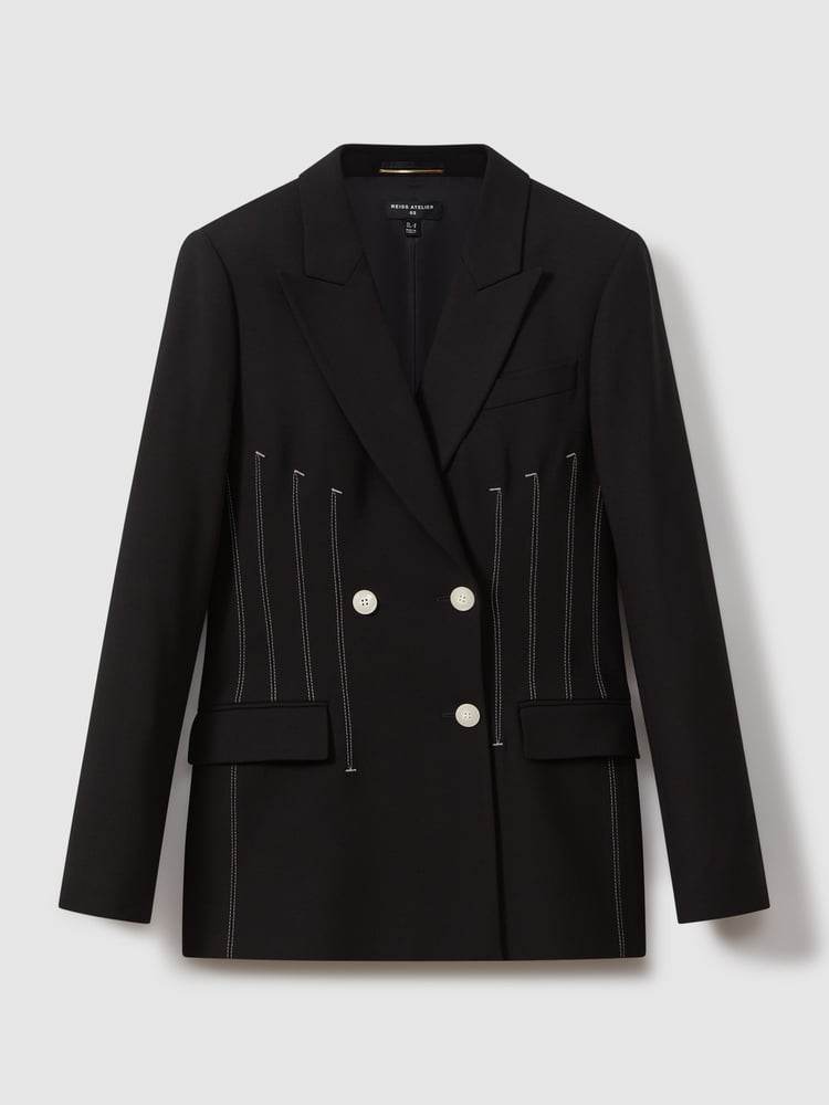 Reiss Black Honor Double Breasted Corset Stitch Blazer - Image 2 of 5
