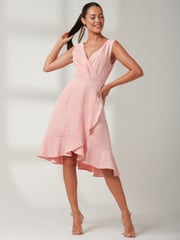 Jolie Moi Pink Wrap Frill Hem Midi Dress - Image 1 of 7