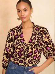 Love & Roses Beige Animal Ruffle V Neck 3/4 Sleeve Button Through Blouse - Image 1 of 4