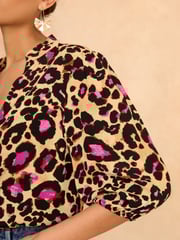 Love & Roses Beige Animal Ruffle V Neck 3/4 Sleeve Button Through Blouse - Image 2 of 4