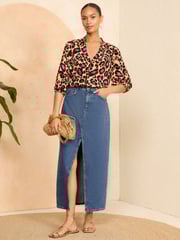Love & Roses Beige Animal Ruffle V Neck 3/4 Sleeve Button Through Blouse - Image 3 of 4