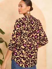 Love & Roses Beige Animal Ruffle V Neck 3/4 Sleeve Button Through Blouse - Image 4 of 4