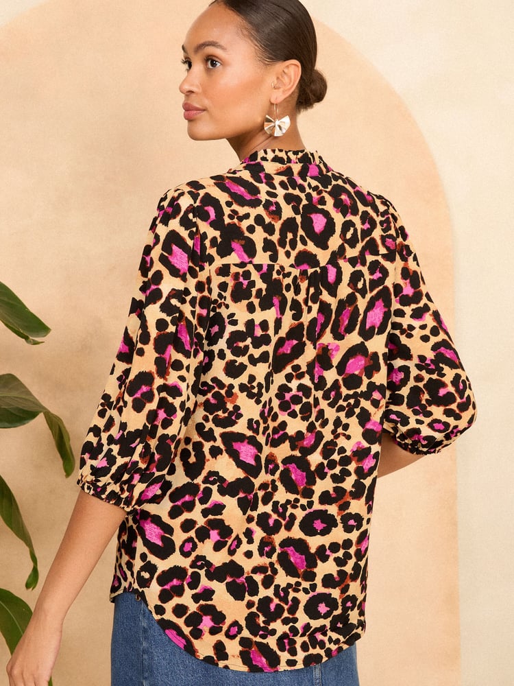 Love & Roses Beige Animal Ruffle V Neck 3/4 Sleeve Button Through Blouse - Image 4 of 4