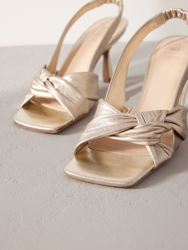 Gold Premium Leather Side Twist Square Toe Sandals - Image 11 of 11