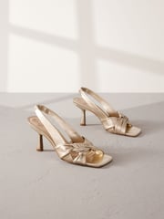 Gold Premium Leather Side Twist Square Toe Sandals - Image 6 of 11