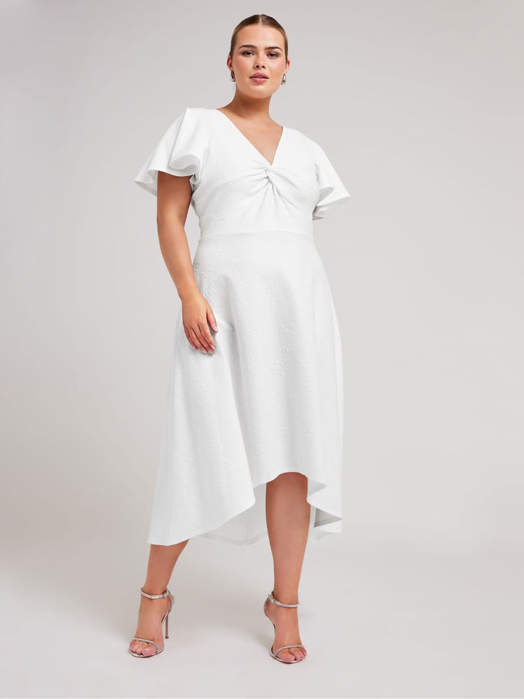 Yours Curve White LONDON Curve Dipped Hemline Jacquard Dress - Image 1 of 5