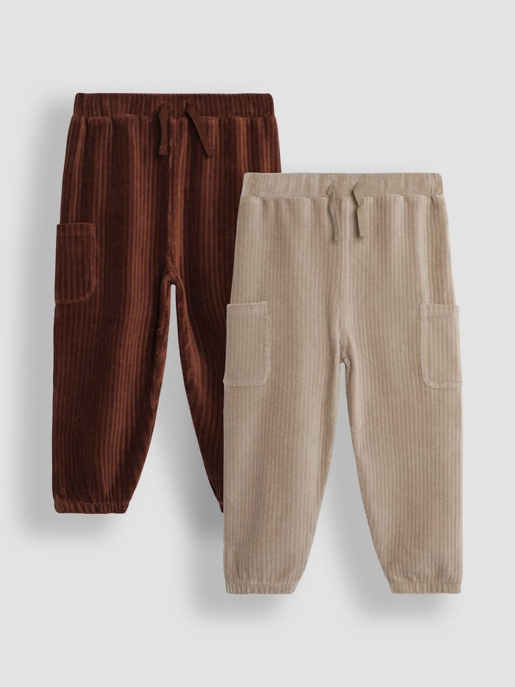 JoJo Maman Bébé Tan & Natural 2-Pack Velour Pocket Joggers - Image 1 of 5