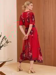 V&A | Love & Roses Red Printed V Neck Hanky Hem Midi Dress - Image 2 of 4