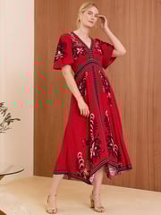 V&A | Love & Roses Red Printed V Neck Hanky Hem Midi Dress - Image 3 of 4