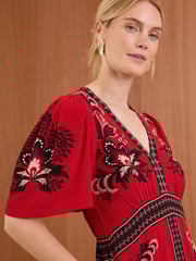 V&A | Love & Roses Red Printed V Neck Hanky Hem Midi Dress - Image 4 of 4