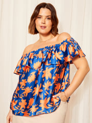 Curves Like These Blue Linen Look Bardot Top - Image 1 of 4