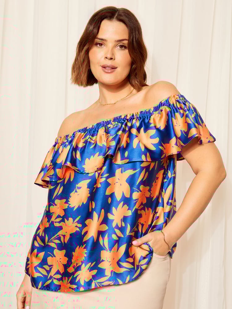 Curves Like These Blue Linen Look Bardot Top - Image 1 of 4