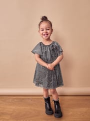 Charcoal Bow Sequin Party Angel Sleeve Dress (3mths-10yrs) - Image 4 of 7