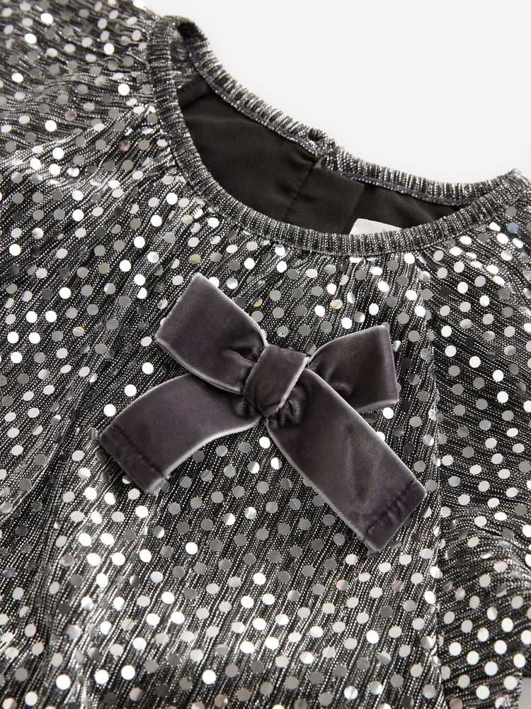 Charcoal Bow Sequin Party Angel Sleeve Dress (3mths-10yrs) - Image 7 of 7