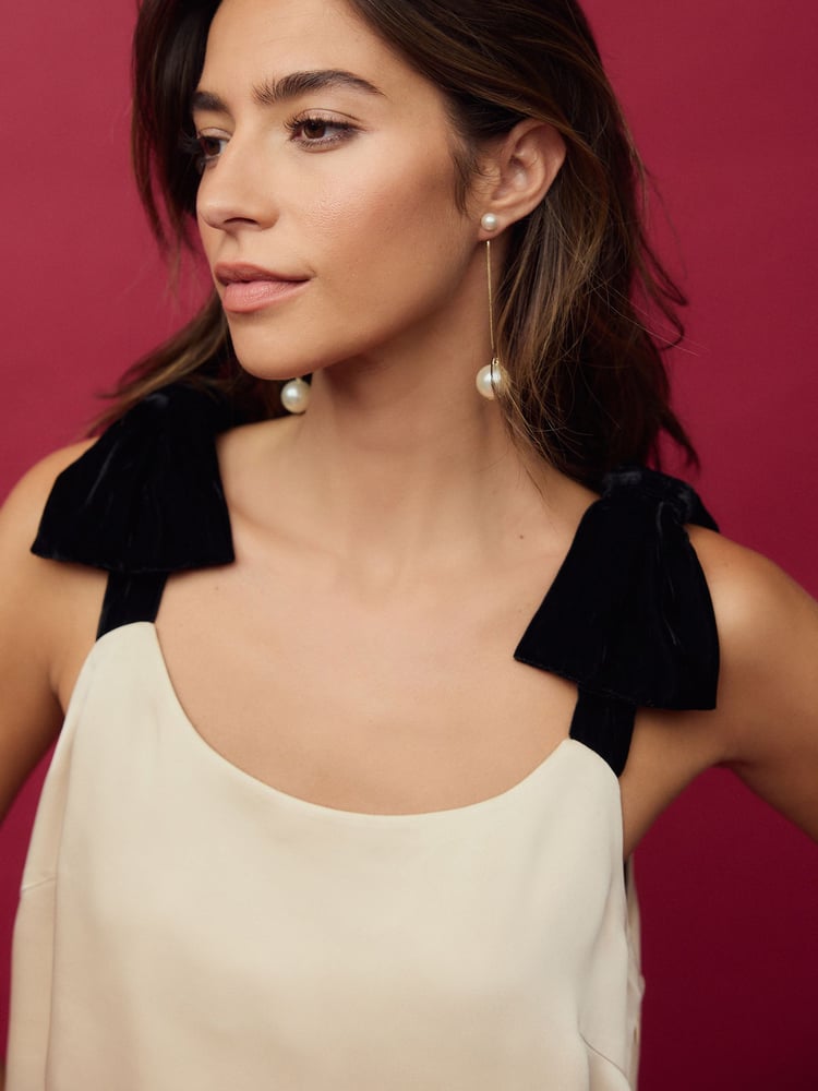 Champagne Gold and Black Satin Tie Bow Shoulder Cami Top - Image 1 of 4