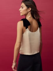 Champagne Gold and Black Satin Tie Bow Shoulder Cami Top - Image 3 of 4