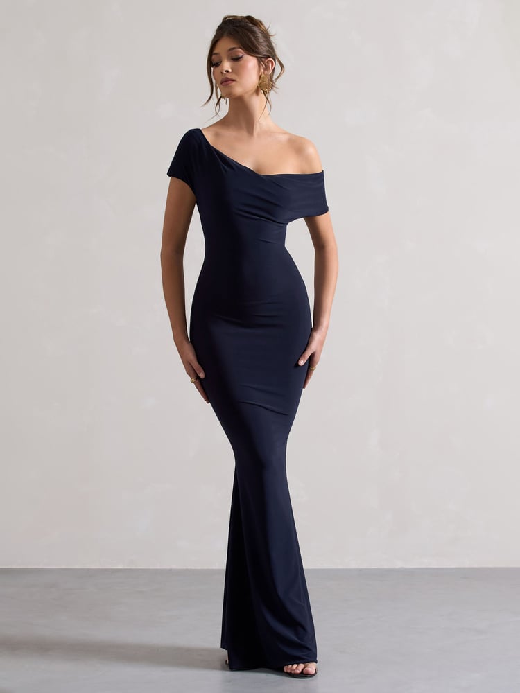 Club L London Navy Blue Avila Asymmetric Bardot Maxi Dress - Image 1 of 5