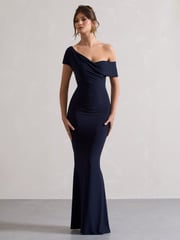 Club L London Navy Blue Avila Asymmetric Bardot Maxi Dress - Image 2 of 5