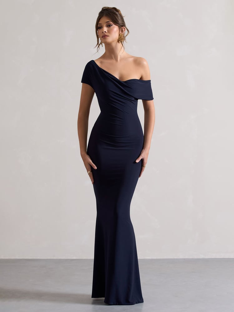 Club L London Navy Blue Avila Asymmetric Bardot Maxi Dress - Image 2 of 5
