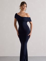 Club L London Navy Blue Avila Asymmetric Bardot Maxi Dress - Image 3 of 5