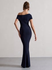 Club L London Navy Blue Avila Asymmetric Bardot Maxi Dress - Image 5 of 5