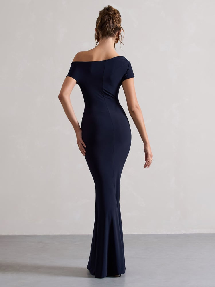 Club L London Navy Blue Avila Asymmetric Bardot Maxi Dress - Image 5 of 5