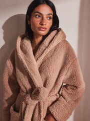 Neutrale Farbe - Langer Morgenmantel aus Teddyfleece - Bild 4 von 7