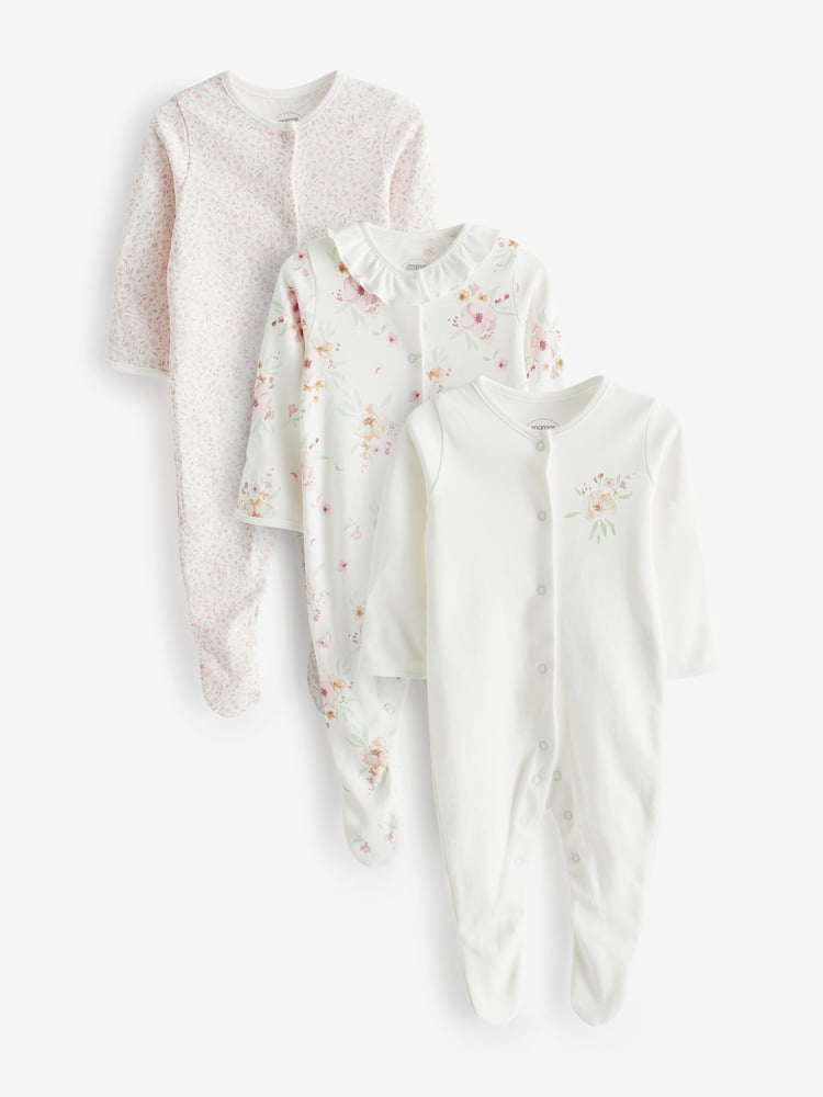 Mamas & Papas Pink 100% Cotton Watercolour Flowers Sleepsuits 3 Pack - Image 1 of 4