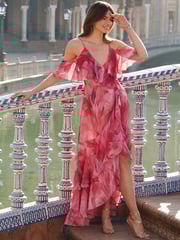Sosandar Pink Cold Shoulder Rufle Maxi Dress - Image 1 of 5