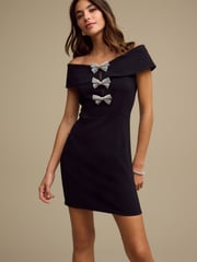 Black Off-the-Shoulder Bardot Diamante Sparkle Bow Detail Mini Dress - Image 3 of 8