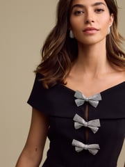 Black Off-the-Shoulder Bardot Diamante Sparkle Bow Detail Mini Dress - Image 5 of 8