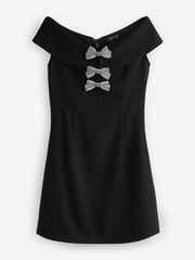 Black Off-the-Shoulder Bardot Diamante Sparkle Bow Detail Mini Dress - Image 6 of 8