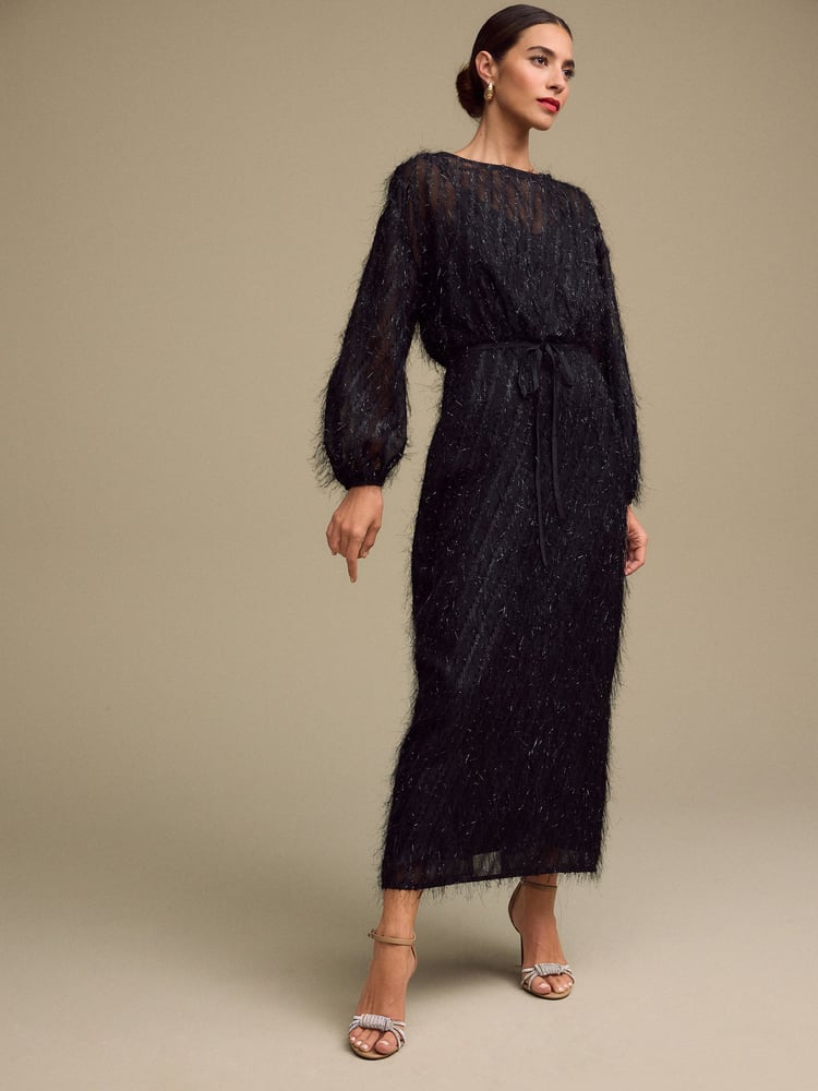 Black Long Sleeve Tie Waist Sparkle Maxi Dress - Image 1 of 4