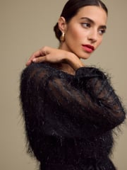 Black Long Sleeve Tie Waist Sparkle Maxi Dress - Image 3 of 4