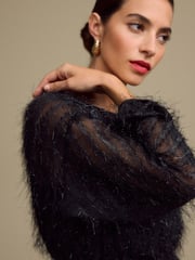 Black Long Sleeve Tie Waist Sparkle Maxi Dress - Image 4 of 4