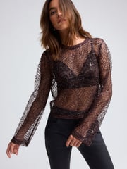 Burgundy Red Long Sleeve Sequin Leaf Blouse - Image 1 of 6