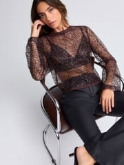 Burgundy Red Long Sleeve Sequin Leaf Blouse - Image 2 of 6