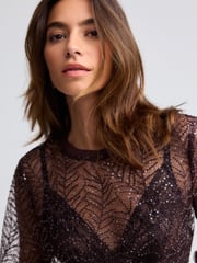 Burgundy Red Long Sleeve Sequin Leaf Blouse - Image 3 of 6