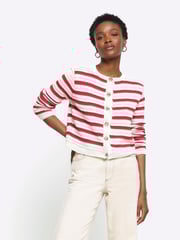 River Island Red Stripe Textured Knitted Cardigan - Image 1 of 6
