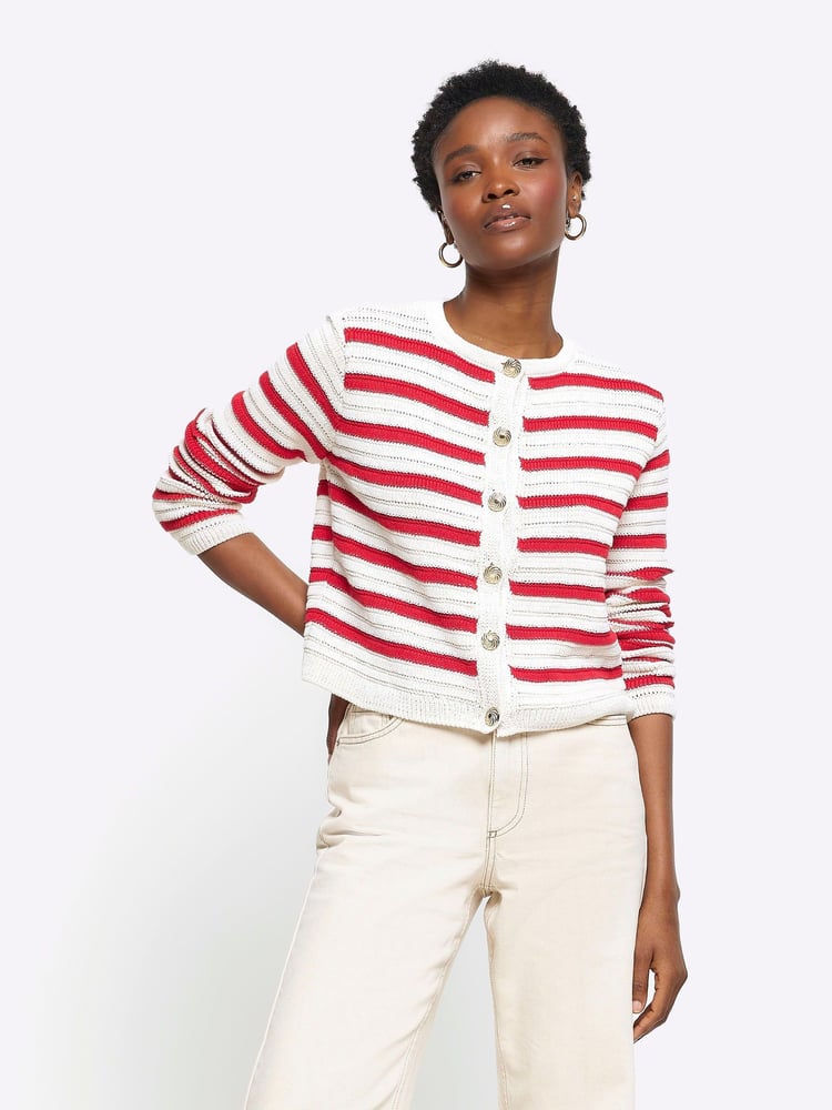 River Island Red Stripe Textured Knitted Cardigan - Image 1 of 6 River Island Red Stripe Textured Knitted Cardigan - Image 1 of 6