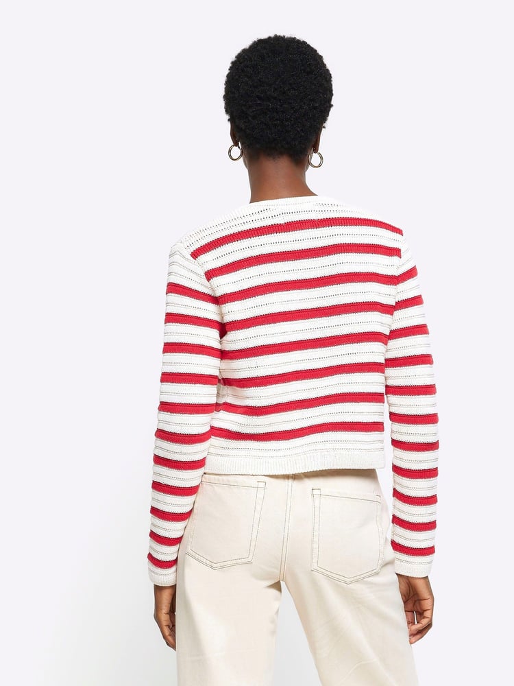 River Island Red Stripe Textured Knitted Cardigan - Image 2 of 6 River Island Red Stripe Textured Knitted Cardigan - Image 2 of 6
