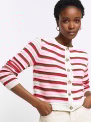 River Island Red Stripe Textured Knitted Cardigan - Image 4 of 6