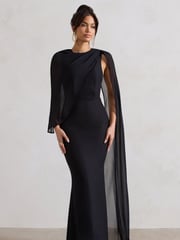 Club L London Black Haze High-Neck Maxi Dress With Chiffon Cape - Image 1 of 4