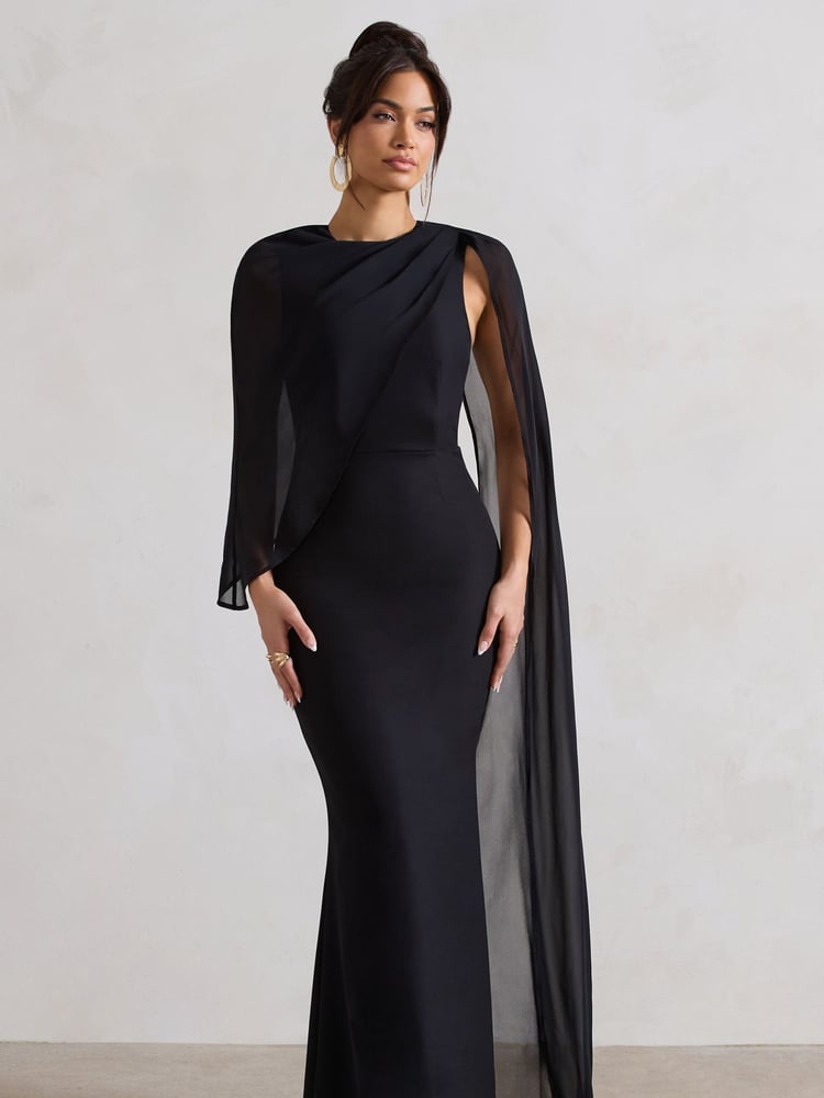 Club L London Black Haze High-Neck Maxi Dress With Chiffon Cape - Image 1 of 4