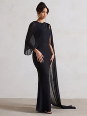 Club L London Black Haze High-Neck Maxi Dress With Chiffon Cape - Image 2 of 4