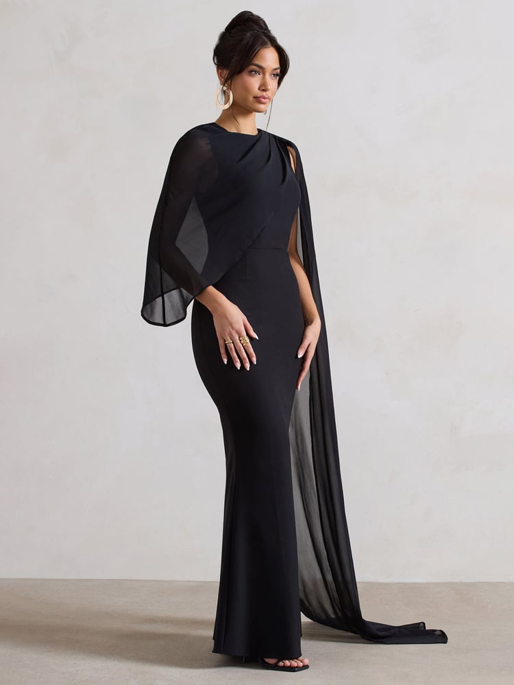 Club L London Black Haze High-Neck Maxi Dress With Chiffon Cape - Image 2 of 4