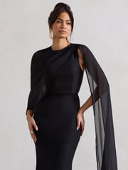Club L London Black Haze High-Neck Maxi Dress With Chiffon Cape - Image 3 of 4