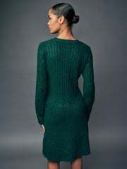 Blue Teal Sequin Sparkle Ribbed Fit And Flare Mini Knitted Jumper Dress With Wool - Image 2 of 6