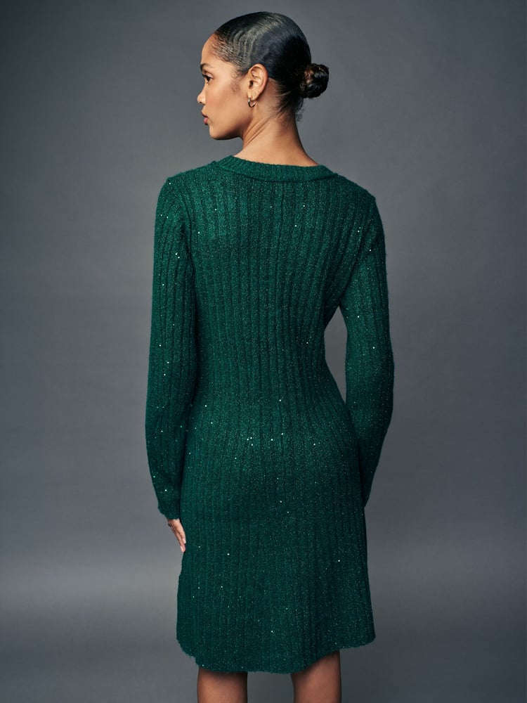 Blue Teal Sequin Sparkle Ribbed Fit And Flare Mini Knitted Jumper Dress With Wool - Image 2 of 6